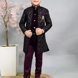 ahhaaaa Boys Embroidered Velvet Sherwani Set-picture-42