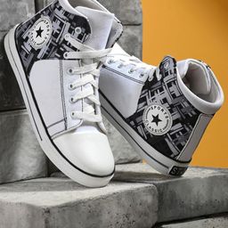 AROOM Women White & Black Printed Regular Canvas Boots-35