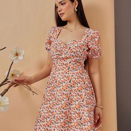 STREET 9 Floral Printed Puff Sleeves Fit & Flare Dress-picture-17