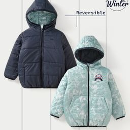 Babyoye Full Sleeves Quilted Hooded Reversible Jacket Logo Patch - Blue-image-76