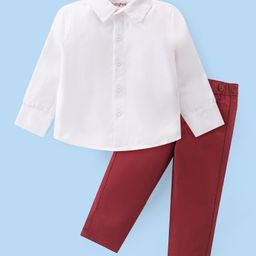 Babyhug Knit Full Sleeves Solid Color Party Shirt & Trousers with Bow & Suspender - White & Maroon-image-47