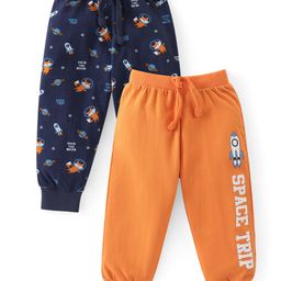 Babyhug Cotton Knit Full Length Lounge Pants with Animal & Text Print Pack of 2 - Orange & Navy-image-31