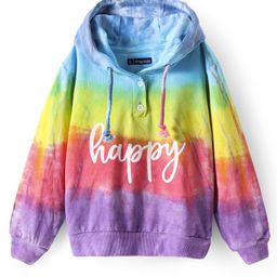 Pine Kids Cotton Knit Full Sleeves Henley Neck Tie & Dyed Hooded Text Printed Sweatshirt - Lilac Yellow & Blue-image-86