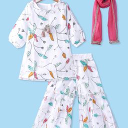 Babyhug Woven Three Fourth Sleeves Kurta & Gharara Set with Dupatta Sequin & Leaf Embroidery - White-image-31