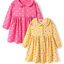 Babyhug Single Jersey Knit Full Sleeves Peter Pan Collared Polka Dots & Floral Printed Flared Dress Pack of 2 - Yellow & Pink-image-45