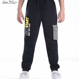 Arias Cotton Knit Full Length Stretchable Joggers With Cargo Pockets & Text Print - Black-picture-18