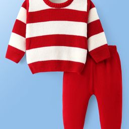 Doddle Poodle Knitted Full Sleeves Pullover Sweater Set with Stripes Design - Red & White-image-75