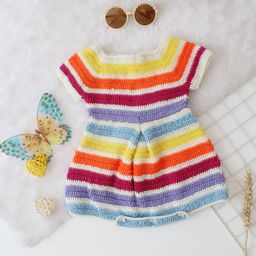 Woonie Short Sleeves Crochet Striped Onesie - Multi Colour-image-29