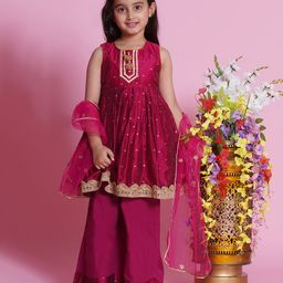 Little Bansi Chanderi Cotton Sleeveless Zari Boota & Lace Embellished KurtaWith Palazzo & Dupatta - Pink-image-67