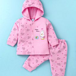 Tango Knit Full Sleeves Winter Wear Front Open Hooded Night Suit with Snail Print - Pink-picture-12