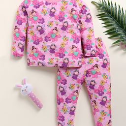 Little Marine Kint Cotton Full Sleeves Princess Cartoon Floral Printed Night Suit - Pink-image-55