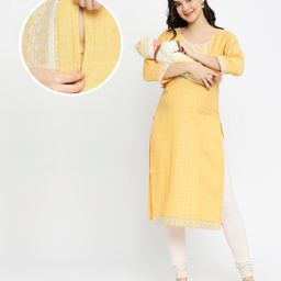 True Shape Three Fourth Sleeves Floral Embroidered Maternity Kurta With Concealed Zipper Nursing Access - Yellow-image-9