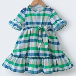 Mark & Mia Half Bell Sleeves Checkered Frock with Bow Applique - Green-image-43