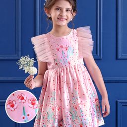 Mark & Mia Woven Sleeveless Party Frock with Floral Print & Frill Detailing - Pink-image-61