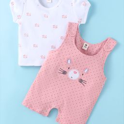 ToffyHouse Cotton Knit Half Sleeves Dungaree Style Romper & T-Shirt with Cat Print & Polka Dot - Pink & White-picture-14