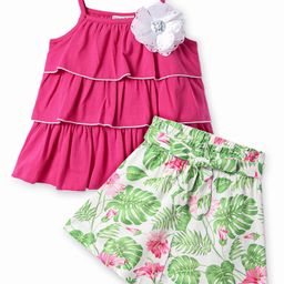 CrayonFlakes Cotton Half Sleeves Floral Applique Detailed Layered Top With Shorts Set - Pink-image-90