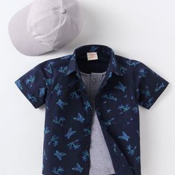 Rikidoos Half Sleeves Palm Trees Printed Shirt With Attached Tee & Cap - Navy Blue & Grey-image-63