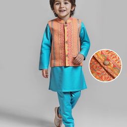 Babyhug Woven Full Length Foil Printed Kurta Pyjama Set With Brocade Jacket - Teal Blue-image-66