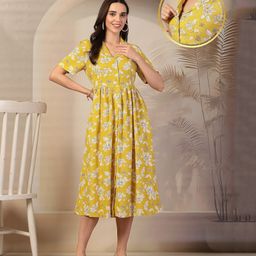 Zelena 100% Rayon Half Sleeves Floral Printed Maternity Zipless Feeding Dress With Nursing Access & Pockets - Yellow-image-13