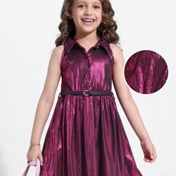 Hola Bonita Party Wear Shimmerwith Collar Incut SleevelessDress - Wine-picture-11