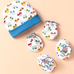 Ben Benny 100% Cotton Knit Cap Mittens & Booties Set With Car Print Blue - Diameter 9 cm-image-40