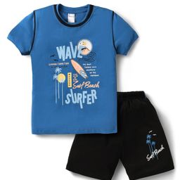 Taeko Single Jersey Knit Half Sleeves T-Shirt & Shorts Set With Beach Theme Print - Royal Blue & Black-21