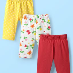 Babyhug Cotton Knit Three Fourth Leggings With Floral & Polka Dot Print Pack Of 3 - Red Yellow & White-image-79