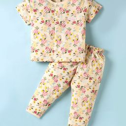 ToffyHouse Cotton Knit Half Sleeves Front Open Co-Ord Night Suit with Floral Print - Multicolor-image-29