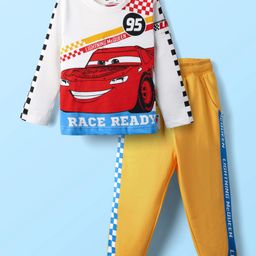 Babyhug Disney Single Jersey Knit Full Sleeves Cut and Sew T-Shirts & Lounge Pant with Cars Graphic and Badge Detailing - White & Yellow-picture-16