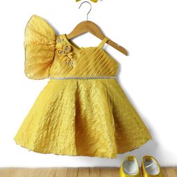 Enfance Oneshoulder Textured & Flower Patch Knee Length Dress With Headband & Booties - Mustard-image-6