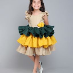 PinkChick Cotton Woven Frill Sleeves Heart Applique Detailed Layered Dress With Bow Designed Hair Clip - Beige & Yellow-image-12