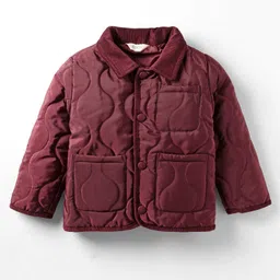 Bonfino Woven Full Sleeves Corduroy Collar Neck Puffed Quilted Jacket With Pocket Patch - Wine-picture-26