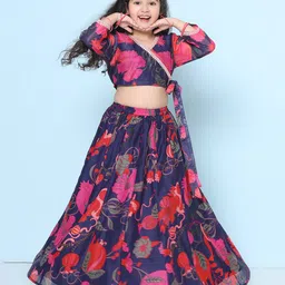 Bitiya By Bhama Silk Woven Three Fourth Sleeves Floral Printed Gota Lace Embellished Coordinating Lehenga Choli Set - Purple-picture-2
