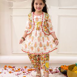 KID1 Cotton Woven Full Sleeves Madhubani Art Printed & Gota Lace Embellished Kurti Dhoti With Jacket Set - Yellow-image-20