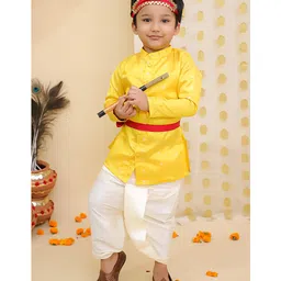 BownBee Taffeta Woven Janmashtami Theme Full Sleeves Solid Lord Krishna Costume Set - Yellow-picture-3