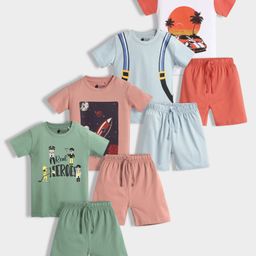 Orange Sugar 100% Cotton Knit Pack Of 4 Half Sleeves Real Heros Text & Beach Theme Printed Coordinating Tee Shorts Set - Multi Colour-picture-3