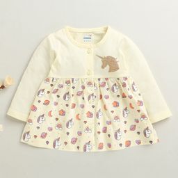 BUMZEE Cotton Knit Full Sleeves Unicorn Printed Dress - Cream-picture-44