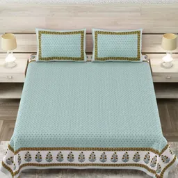 SHOOLIN Sea Green & White Ethnic Motifs 160 TC King Bedsheet with 2 Pillow Covers-image-32