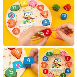 BitFeex Wooden Clock for kids Wooden Time Learning Clock Number Shape Sorting Matching Puzzle-Multicolor image 2