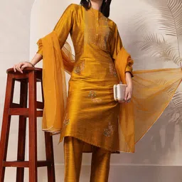 Nayam By Lakshita Women Floral Embroidered Straight Kurta with Trousers & Dupatta-image-59