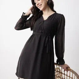 Mast & Harbour V-Neck Puff Sleeves Gathered A-Line Mini Dress-picture-35