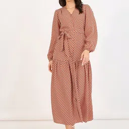 Styli Women Striped Print V-Neck Puff Sleeves A-Line Maxi Dress-image-57