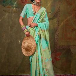 Vardha Mint Green & Peach Floral Print Saree With Unstitched Blouse-picture-19