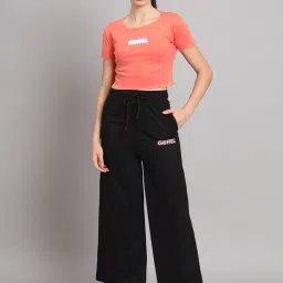 GRIFFEL Peach & Black Printed Crop T-Shirt With Track Pants image 1