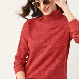 DressBerry Women Red Self Design Pullover with Turtle Neck-33