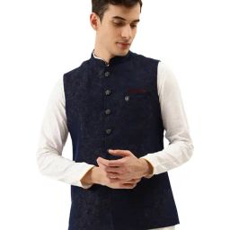 Manyavar Blue Regular Fit Self Pattern Nehru Jacket-image-40