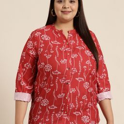Sztori Plus Size Floral Print Mandarin Collar Shirt Style Top-20