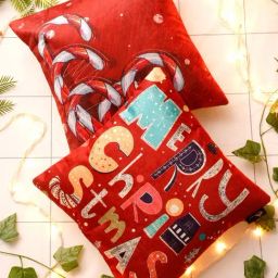 HOSTA HOMES Christmas Theme Digital Print Multicolor Velvet Cushion Covers - Set of 2-image-89