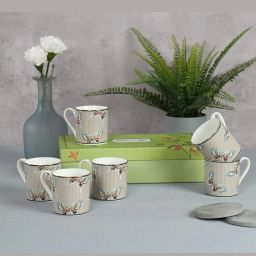 India Circus Abstract White Bone China Coffee Mug Set of 6, 220 ml With Accented and 22 Carat Gold image 1