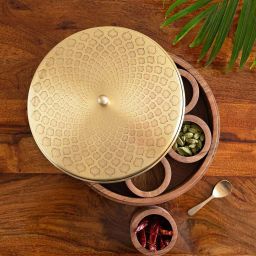 ExclusiveLane The Spice Trove Acacia Wood Mughal Hand-Etched Spice Box with Spoon & Containers image 1